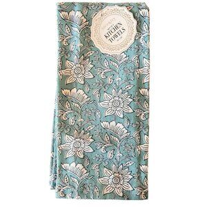 NEW Set 2 Kitchen Towels AQUA FLOWERS Mint & Ivy 100% Cotton 18" x 28" FLORAL